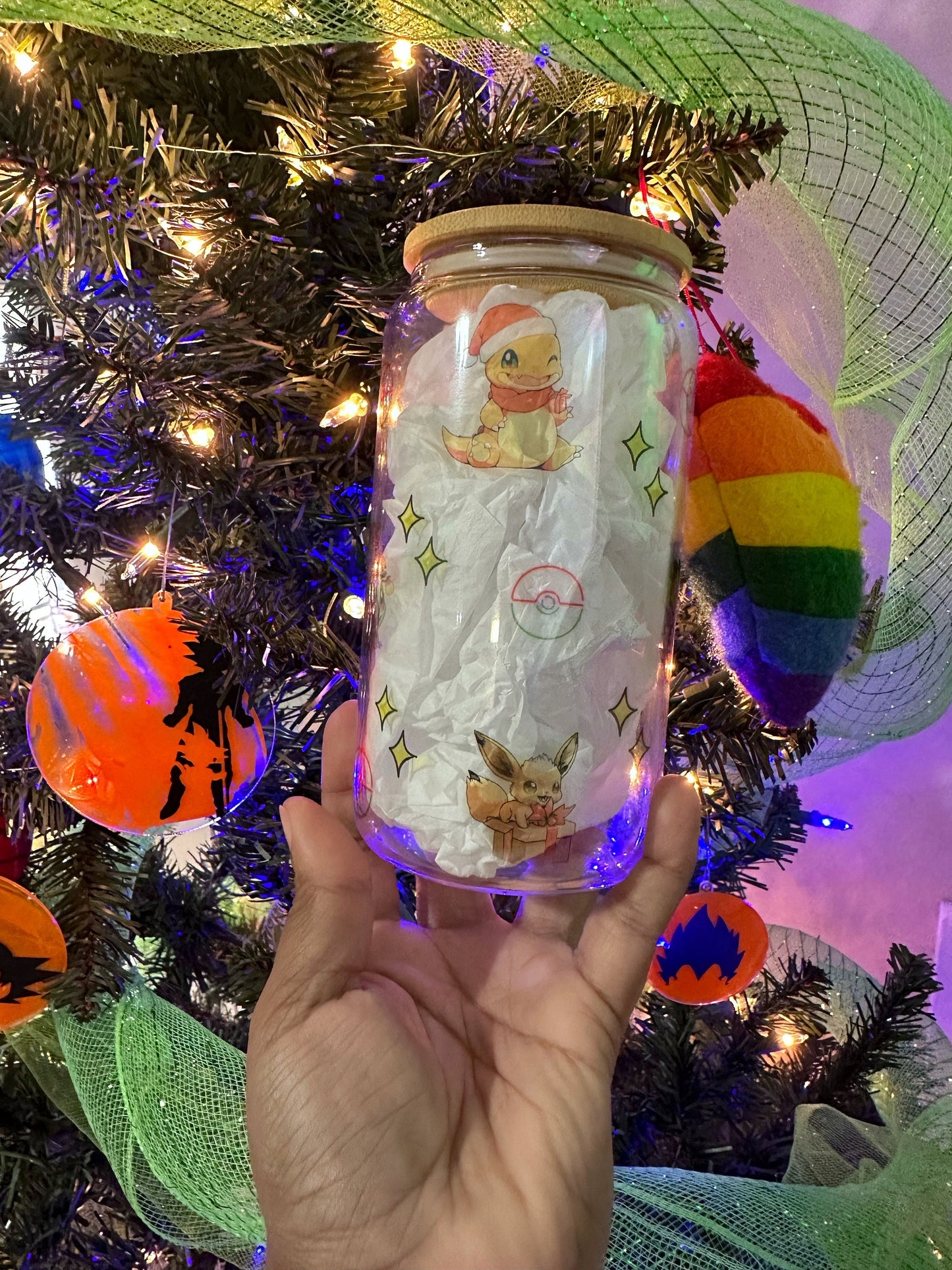 16oz Glass Can Pokémon Pikachu Charmander Eevee Holidays Gifts 90 memories Christmas present