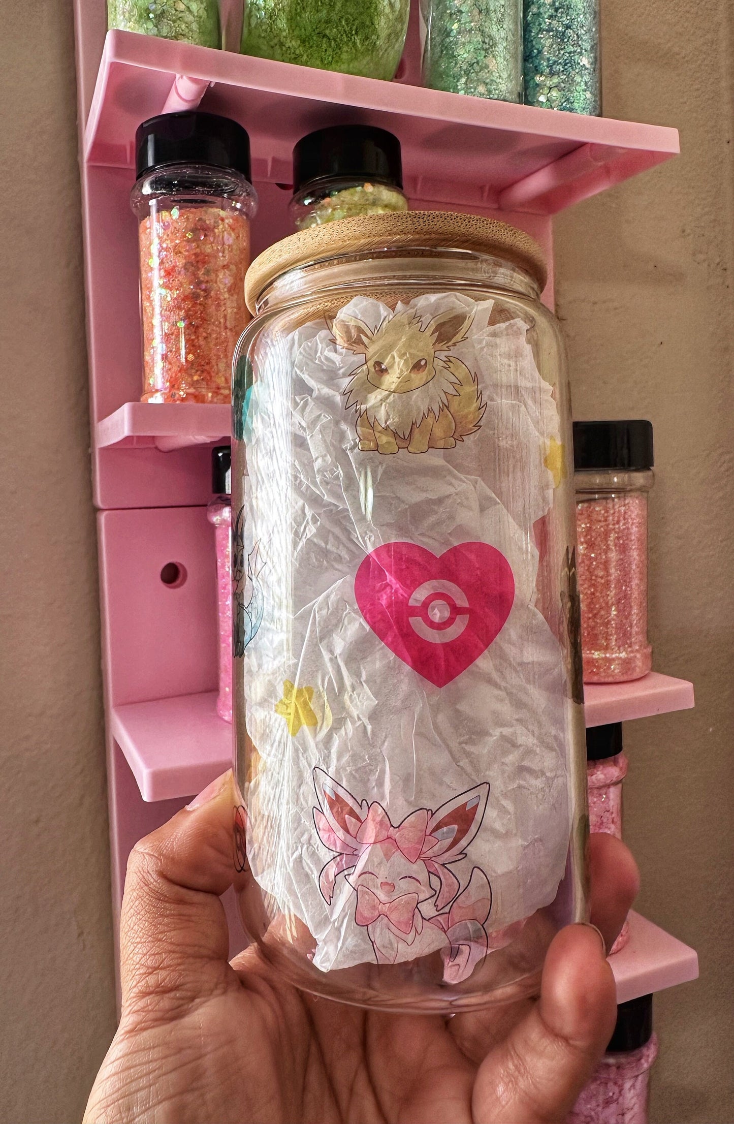 16 oz Glass can anine inspired cup eevee eevee evolution hearts 16oz glass can anime cup tumbler