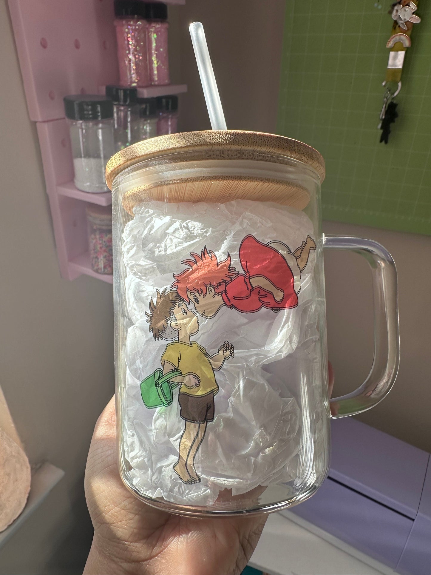 16oz Glass Can Ponyo & Sosuke 16oz Beer Can Glass - Studio Ghibli Anime Gift anime inspired Japanese film