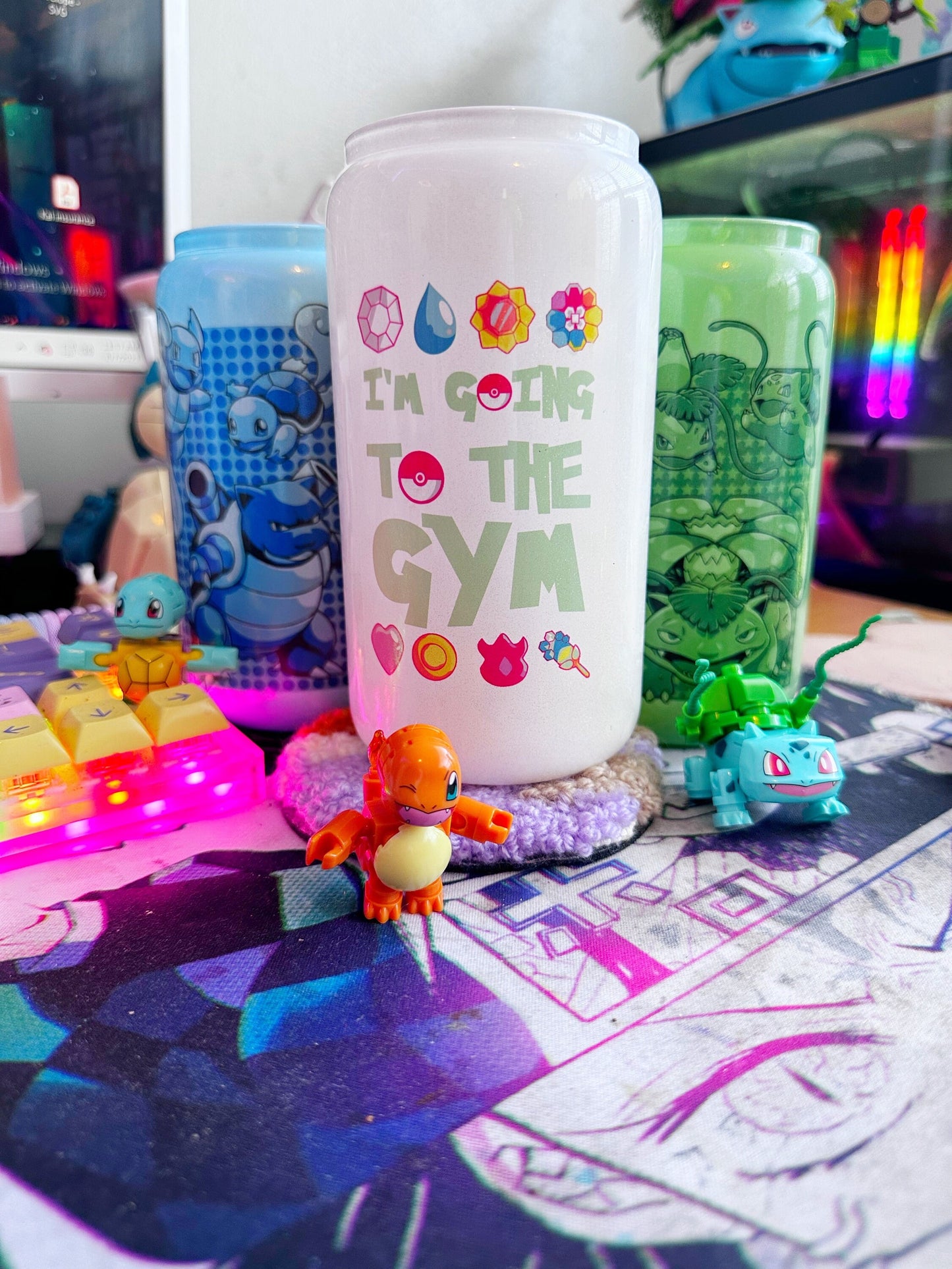 16oz glass can / anime inspired/ Pokémon Gengar Pikachu Bulbasaur Pokemon Master, Pokemon water, fire, grass, dark, electricity