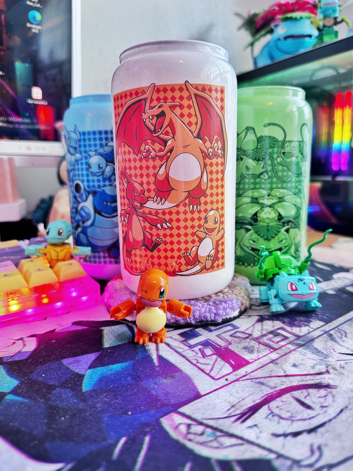 16oz glass can / anime inspired/ Pokémon Gengar Pikachu Bulbasaur Pokemon Master, Pokemon water, fire, grass, dark, electricity