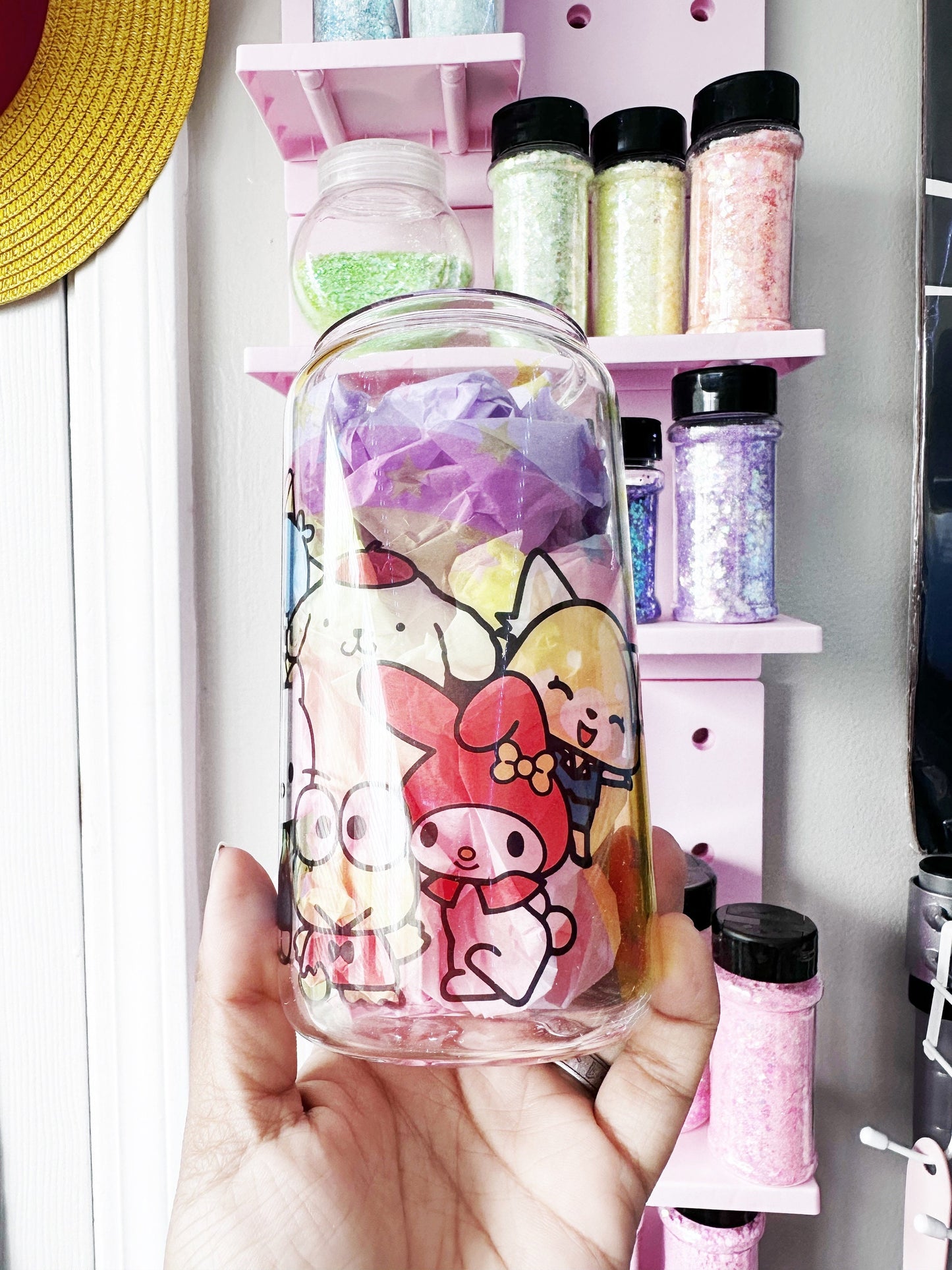 16oz Glass can / anime inspired Hello Kitty and Friends rainbow party 16oz sublimated sublimation anime glass can Sanrio Friends Gift