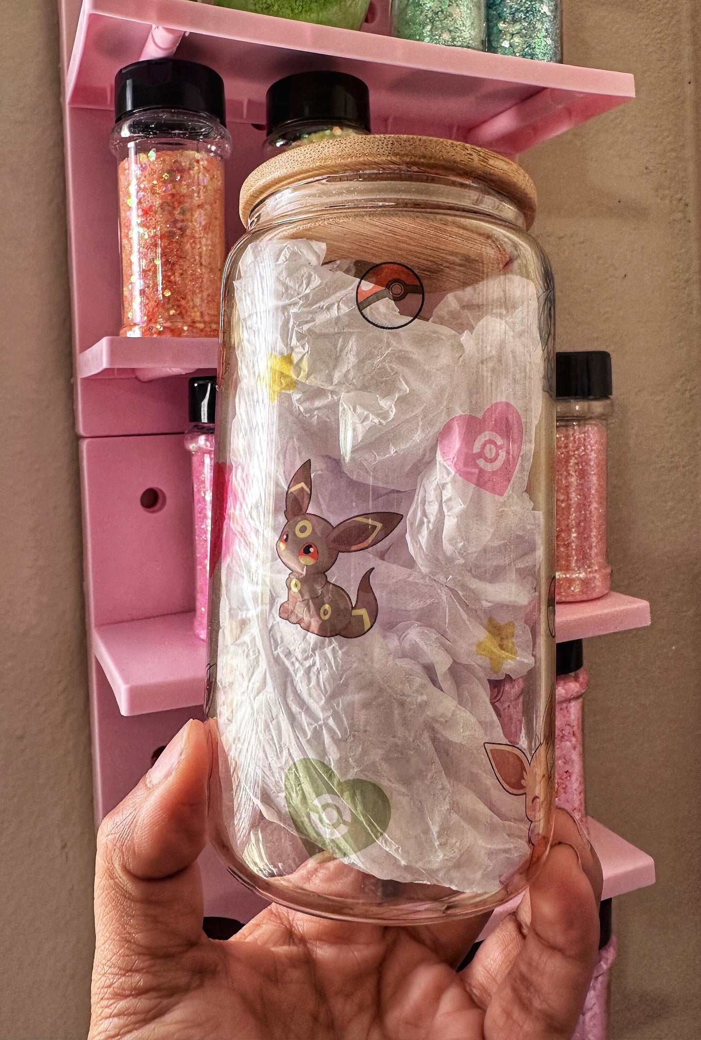 16 oz Glass can anine inspired  cup eevee eevee evolution hearts 16oz glass can anime cup tumbler