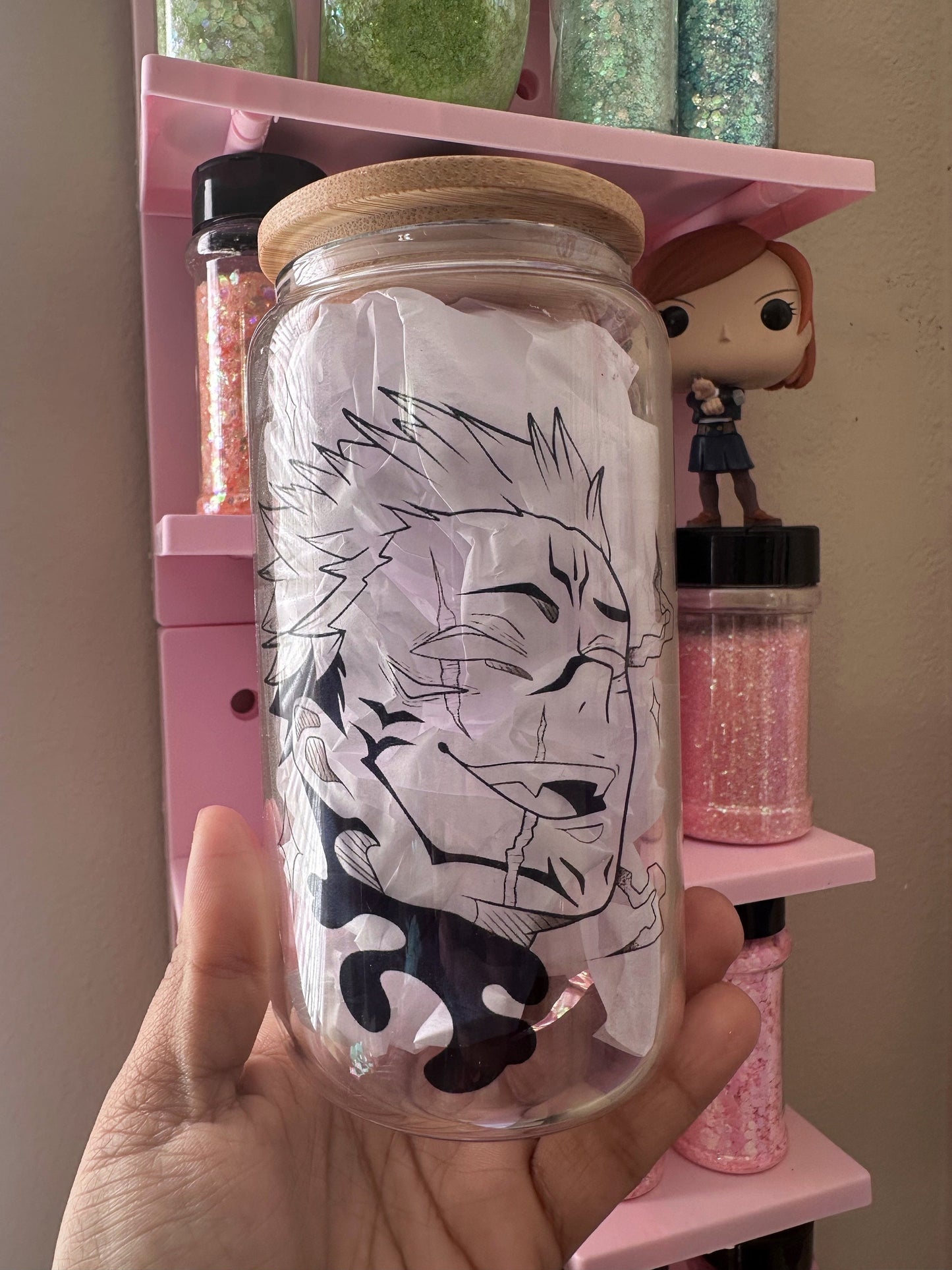 16oz Glass can anime inspired- Sukunas Jujutsu Kaisen King of Curses Gift 16oz anime cup Itadori Juji Lord of Demons sorcerer