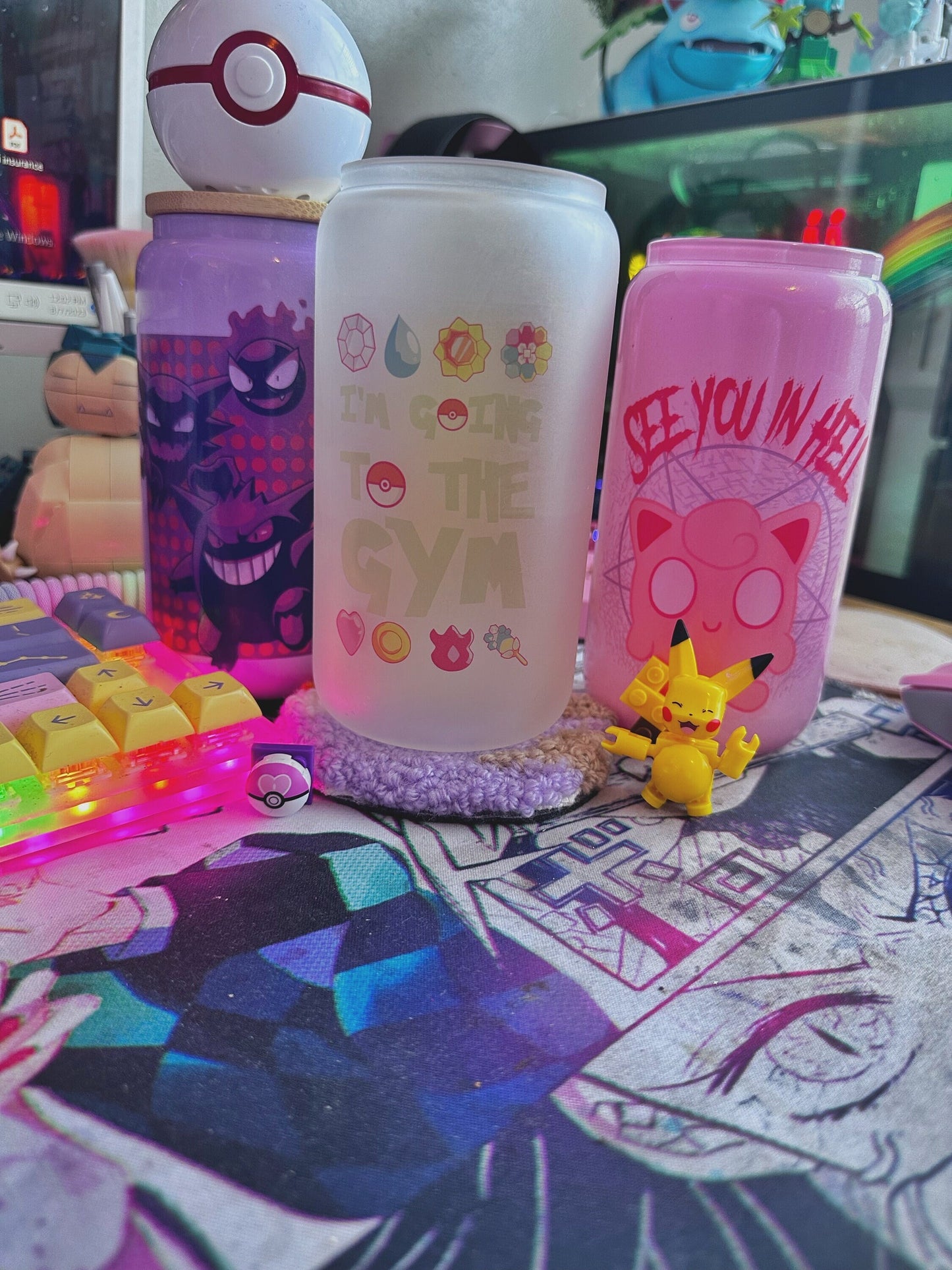 16oz glass can / anime inspired/ Pokémon Gengar Pikachu Bulbasaur Pokemon Master, Pokemon water, fire, grass, dark, electricity