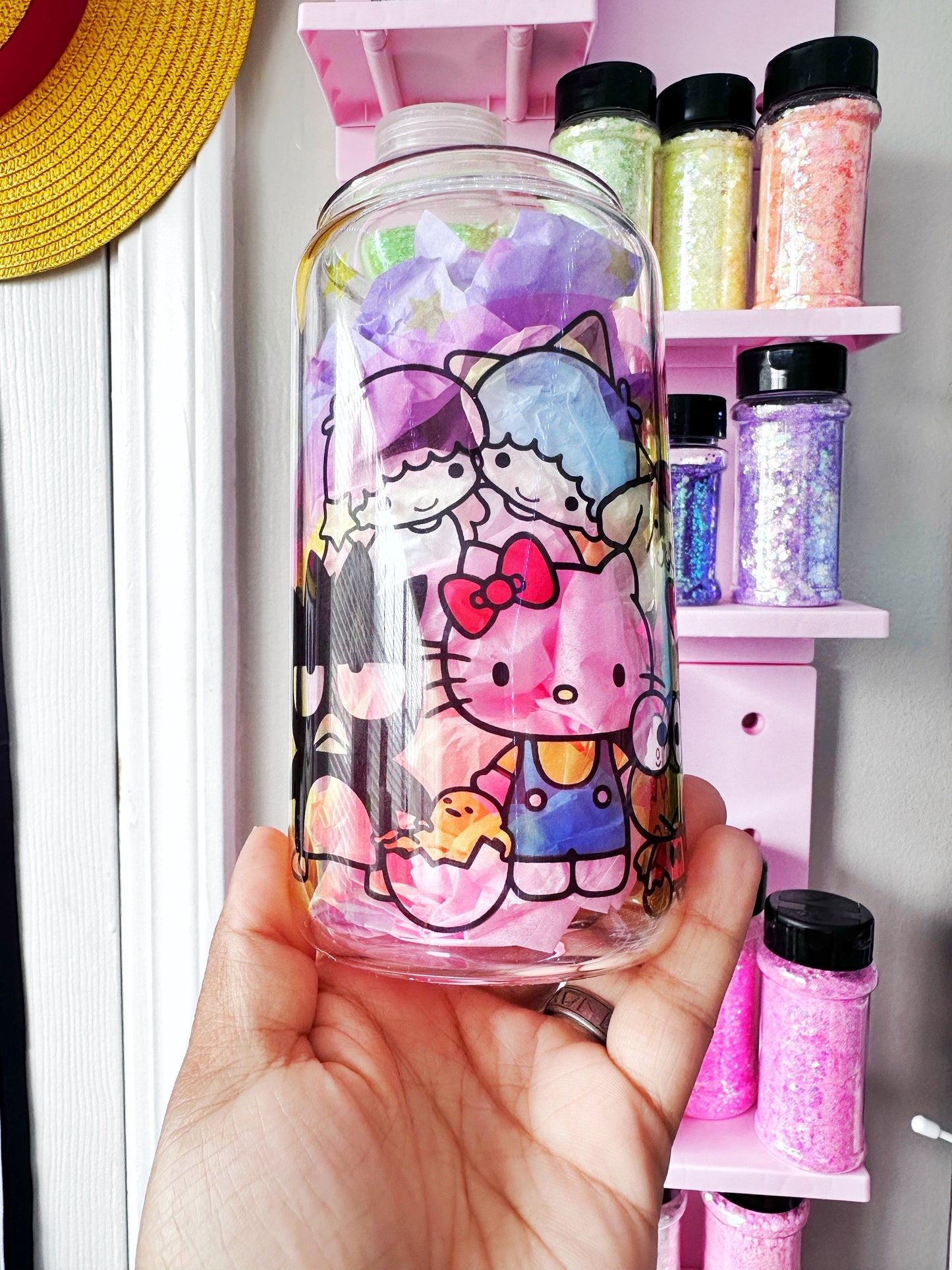 16oz Glass can / anime inspired Hello Kitty and Friends rainbow party 16oz sublimated sublimation anime glass can Sanrio Friends Gift