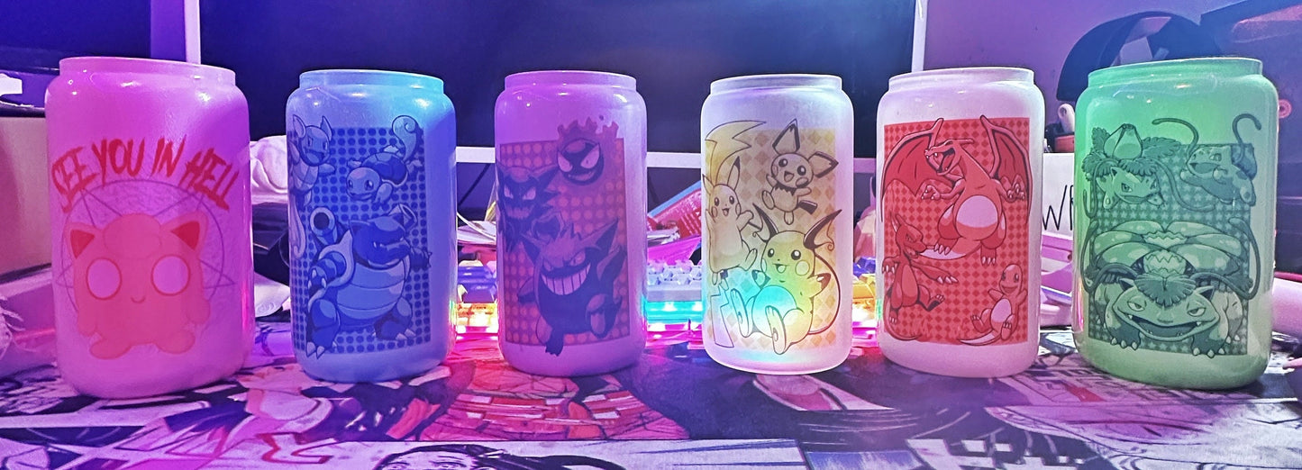 16oz glass can / anime inspired/ Pokémon Gengar Pikachu Bulbasaur Pokemon Master, Pokemon water, fire, grass, dark, electricity