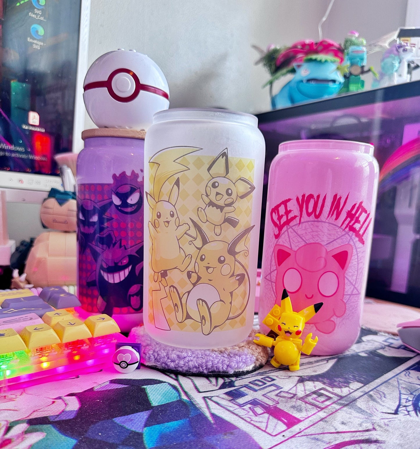 16oz glass can / anime inspired/ Pokémon Gengar Pikachu Bulbasaur Pokemon Master, Pokemon water, fire, grass, dark, electricity