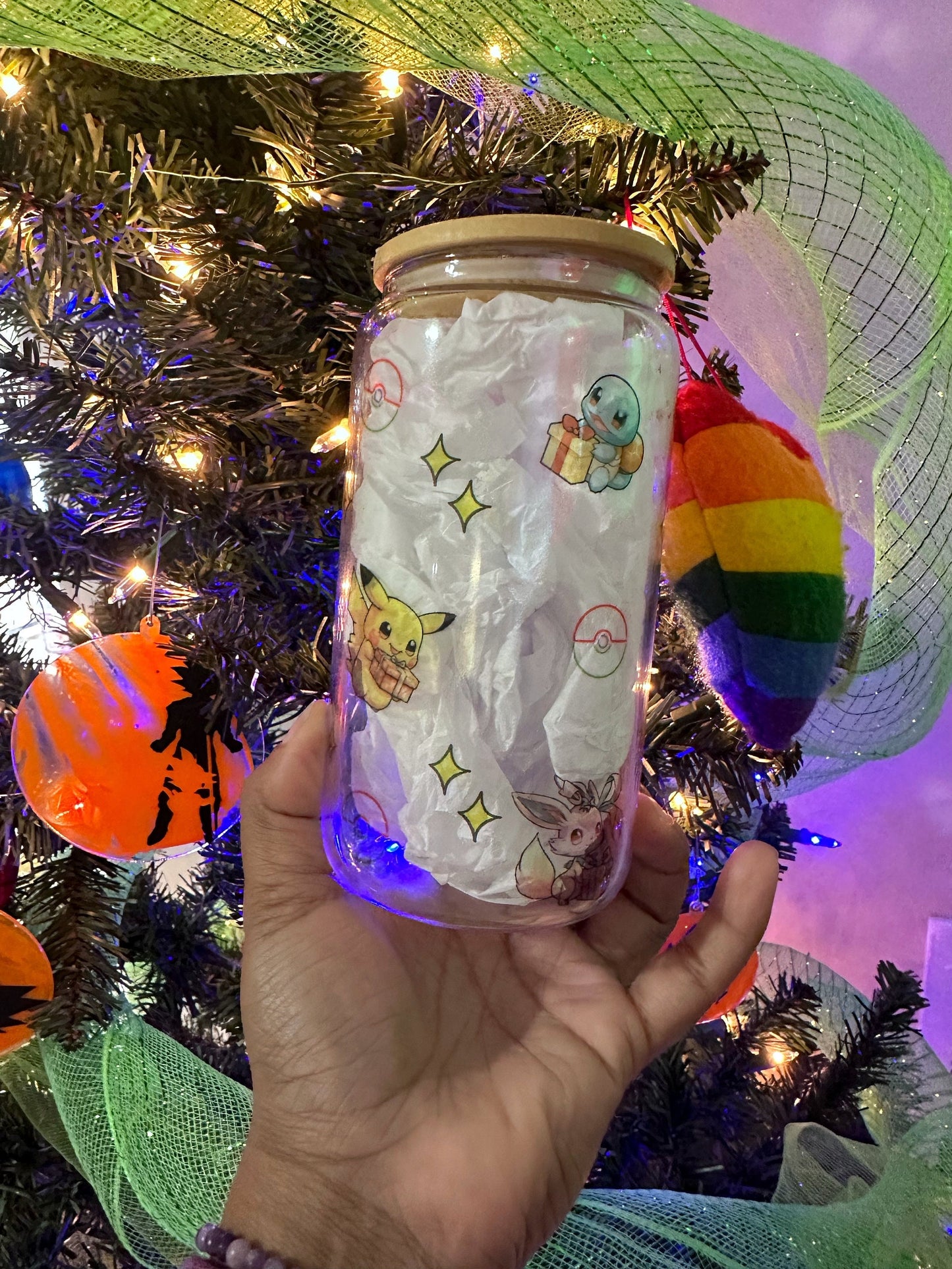 16oz Glass Can Pokémon Pikachu Charmander Eevee Holidays Gifts 90 memories Christmas present