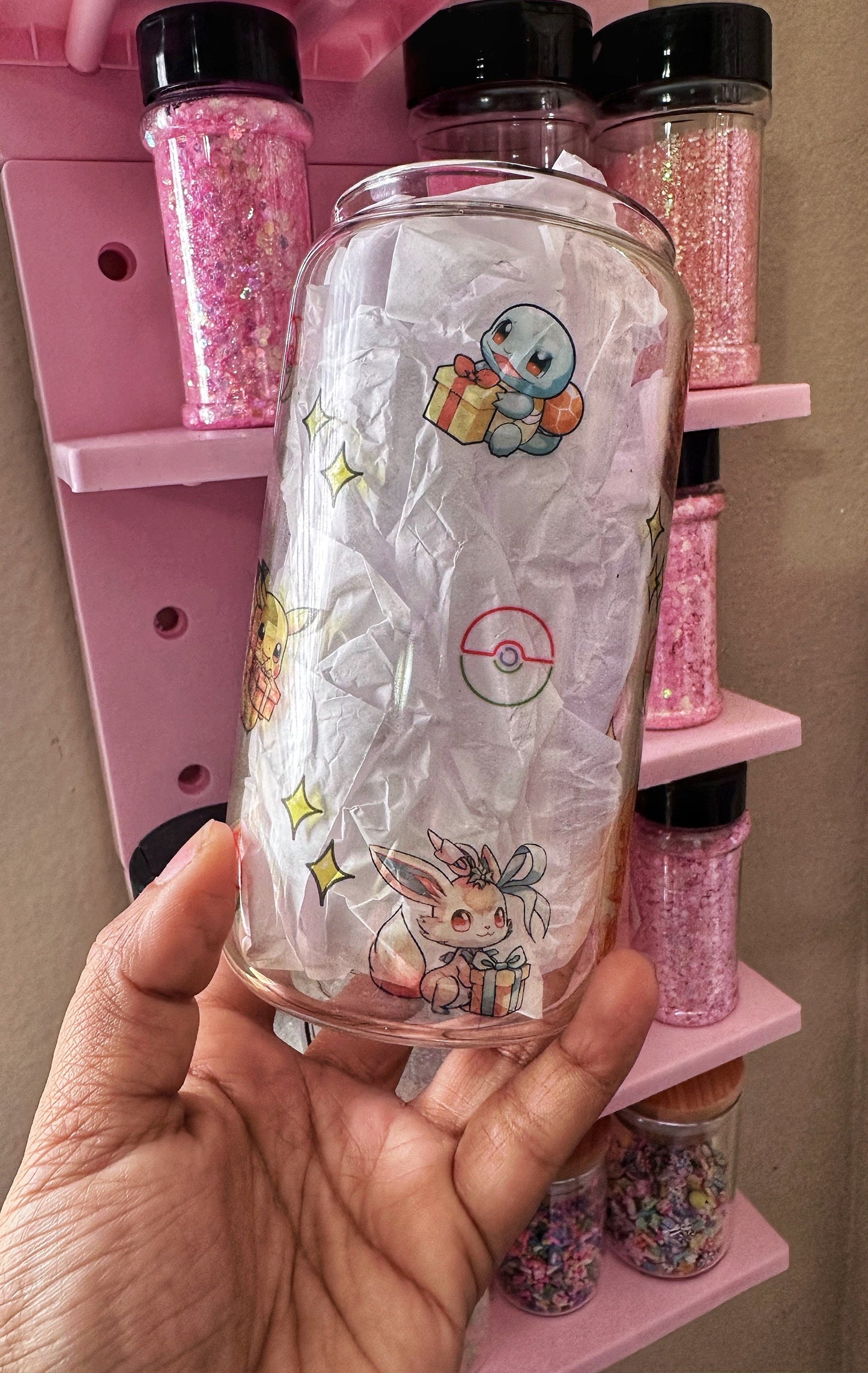 16oz Glass Can Pokémon Pikachu Charmander Eevee Holidays Gifts 90 memories Christmas present