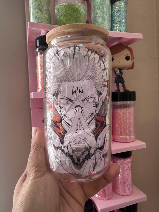 16oz Glass can anime inspired- Sukunas Jujutsu Kaisen King of Curses Gift 16oz anime cup Itadori Juji Lord of Demons sorcerer
